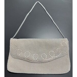 Vintage White Beaded Purse Studded Silk Chain Arm Bag Crossbody Bridal Graduate